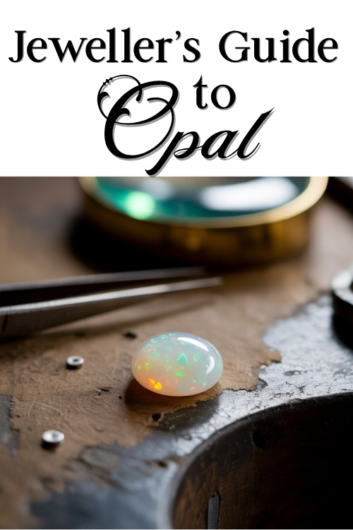 Jeweller's guide cover featuring a luminous opal on a wooden workbench, surrounded by tools. The atmosphere is detailed and refined.