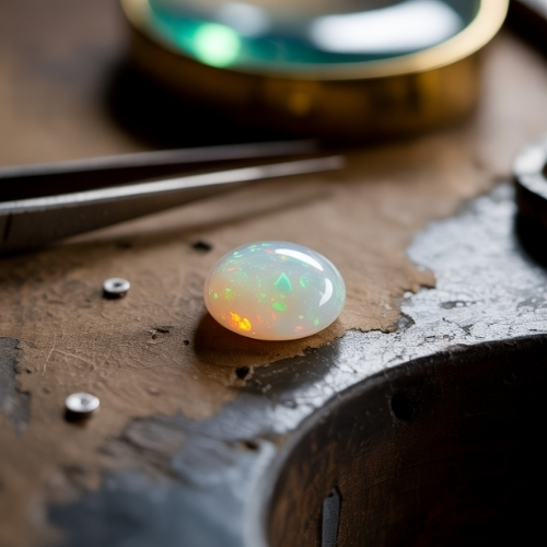 A glistening opal with vibrant rainbow hues rests on a rustic wooden surface. Nearby are metallic tweezers and small silver pieces, evoking a craftsman's workspace.