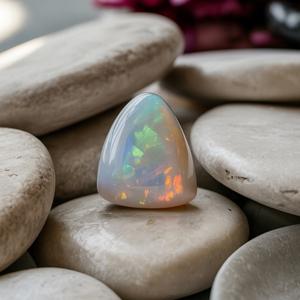 A smooth, polished opal with vibrant green and orange reflections sits on stacked, smooth gray stones. The scene conveys serenity and natural beauty.