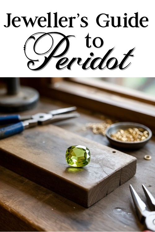 Jeweller's Guide to Peridot; a polished green peridot gemstone on a wooden workbench with pliers and gold chains, conveying craftsmanship.
