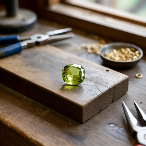 A faceted green peridot gemstone sits on a rustic wooden workbench. Nearby, pliers and a bowl of golden rings suggest a jeweler's workspace, evoking creativity.