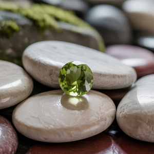 A round, faceted green peridot gemstone rests on smooth, stacked stones in earthy tones. A moss-covered rock in the background adds a natural touch.