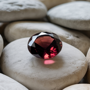 A faceted, deep red garnet gemstone sits on smooth, stacked gray stones, reflecting light subtly. The scene conveys elegance and tranquility.