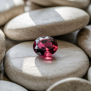A shiny, faceted red spinel gemstone rests on smooth white pebbles, with soft light creating highlights and shadows, conveying elegance and tranquility.