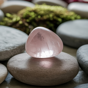 A smooth pink rose quartz crystal rests atop gray stones, surrounded by blurred greenery. The soft lighting and natural elements create a calming, serene atmosphere.
