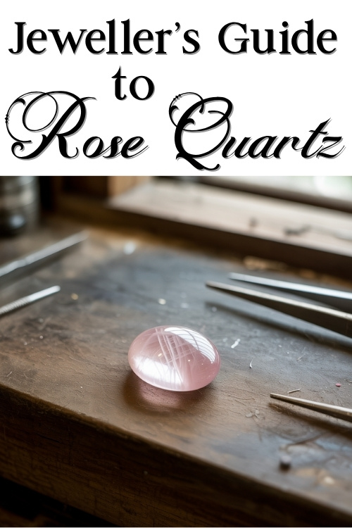 The image features a polished rose quartz stone on a jeweler's workbench, surrounded by tools. Above, text reads "Jeweller’s Guide to Rose Quartz."