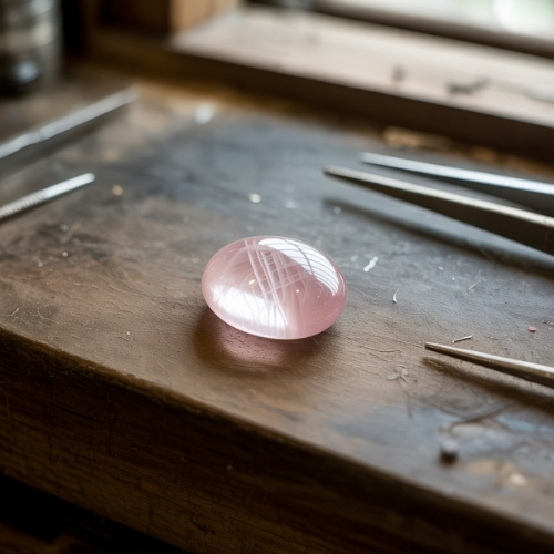 A polished pink rose quartz cabochon sits on a rustic wooden workbench, surrounded by metal tools, evoking a sense of craftsmanship and artistry.