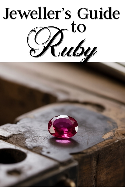 A vibrant red ruby sits on a rustic workbench, under the elegant black title text, "Jeweller's Guide to Ruby." The mood is sophisticated and professional.