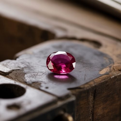 A radiant, deep red ruby, expertly cut and polished, rests on a rustic wooden table. Soft lighting highlights its facets, creating a luxurious, elegant tone.