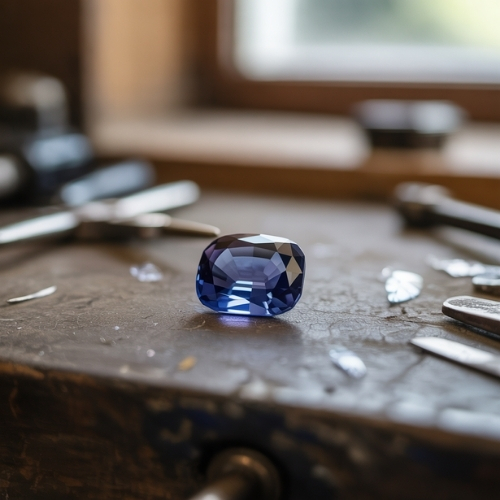 A polished blue sapphire gemstone sits on a rustic workbench surrounded by scattered tools and gem fragments, under natural light from a nearby window.