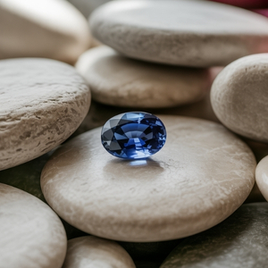 A deep blue, faceted sapphire gemstone rests on smooth, light gray pebbles, creating a contrast. The scene conveys elegance and tranquility.