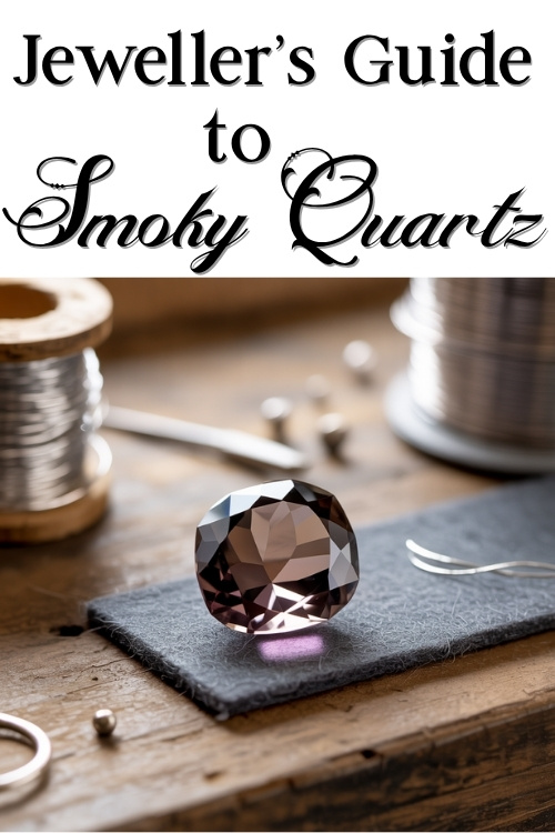 Jeweller's Guide to Smoky Quartz. A faceted smoky quartz gemstone sits on a felt mat, surrounded by coiled silver wire and tools on a wooden table, conveying a sense of precision and craftsmanship.