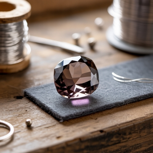 A polished, faceted smoky quartz gemstone rests on a felt pad on a wooden table, surrounded by wire spools and tools, conveying a sense of craftsmanship and elegance.