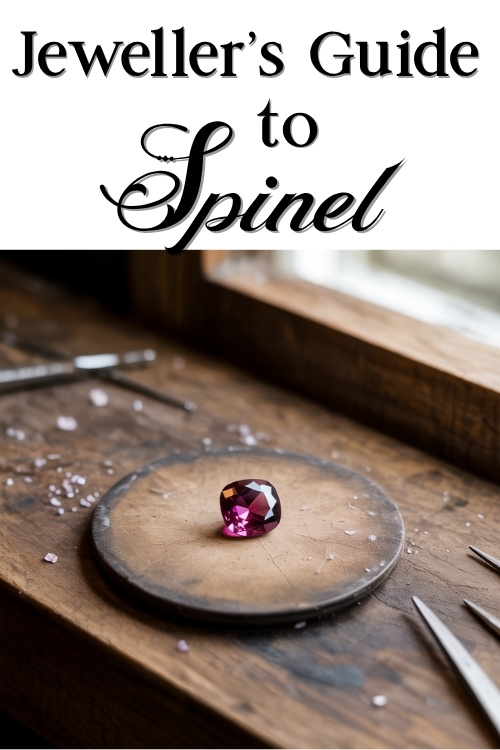 A vibrant red spinel gemstone rests on a wooden jeweler's bench, surrounded by tools. The text above reads "Jeweller's Guide to Spinel."