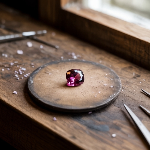 A radiant red spinel gemstone sits on a wooden surface surrounded by scattered crystal fragments and metal tools, evoking a craftsman's workspace.