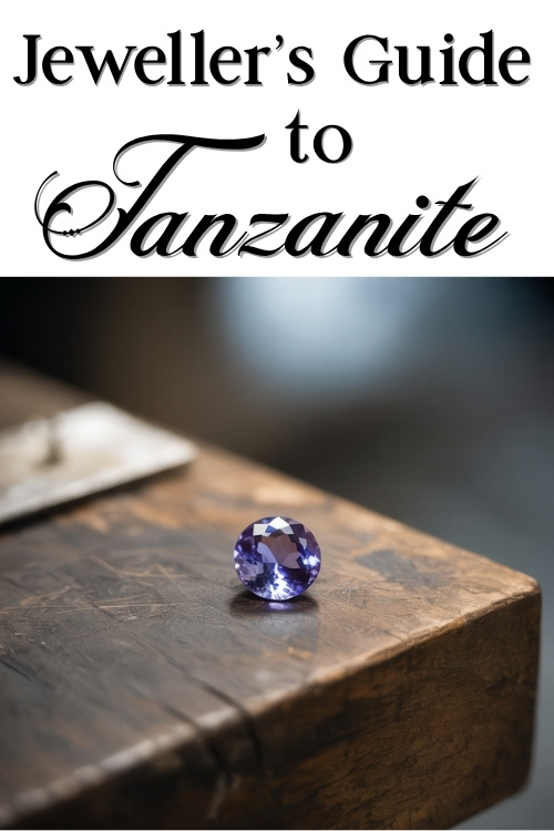 A faceted, deep blue tanzanite gemstone on a wooden table. Overhead text reads "Jeweller’s Guide to Tanzanite," evoking a sense of elegance and expertise.