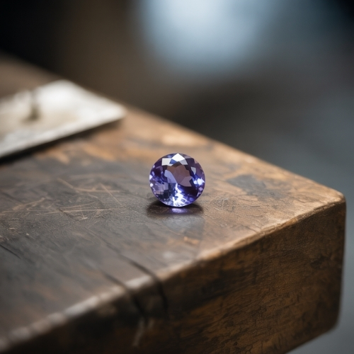 A sparkling tanzanite gemstone sits on a rustic wooden surface, with soft lighting highlighting its facets. The background is blurred, creating an elegant ambiance.