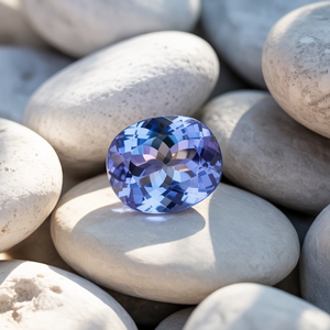 A sparkling blue tanzanite gemstone rests atop smooth white pebbles. Sunlight casts a soft shadow, highlighting the gem's facets, creating a tranquil, elegant scene.