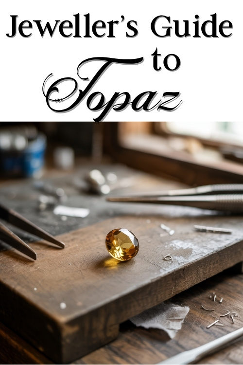 A polished topaz gemstone sits on a wooden workbench surrounded by jeweler's tools. Above, elegant text reads "Jeweller's Guide to Topaz."