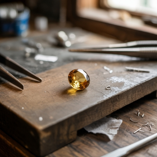 A faceted golden topaz gemstone on a wooden workbench surrounded by jewelry tools. The scene conveys a sense of craftsmanship and precision.