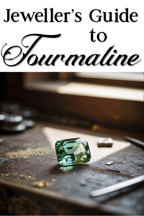 Jeweller's Guide to Tourmaline text above a sunlit rustic table with a large green tourmaline gemstone, surrounded by gold flecks and tools.