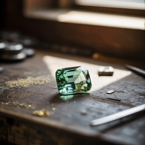 A large, polished green tourmaline gemstone rests on a rustic wooden workbench, surrounded by scattered tools and gold shavings, illuminated by soft sunlight.