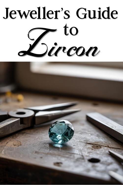 A polished blue zircon gemstone sits on a jeweler's workbench surrounded by tools. Text at the top reads "Jeweller's Guide to Zircon."