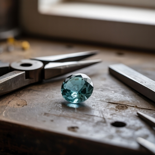 A faceted teal blue zircon gemstone rests on a worn wooden workbench surrounded by metal tools, suggesting a jeweler's workspace. The scene conveys precision and craftsmanship.