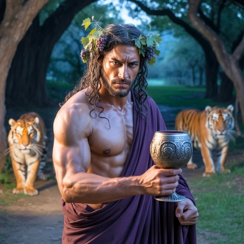 An angry looking ancient Greek god with long hair and grapevine crown holds ornate goblet. Two tigers walk behind him in a forest setting.