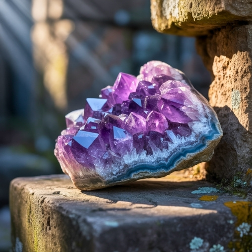 An image of a purple amethyst crystal propped on an ancient stone. The image give and old myths and legends vibe.
