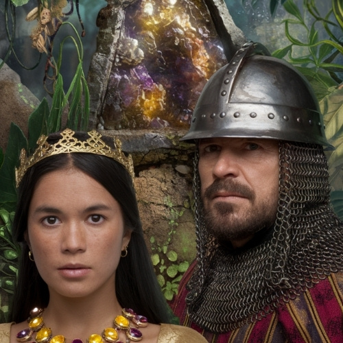 A woman in a jeweled crown and necklace stands beside an armored knight. A mystical ametrine crystal glows in the background, surrounded by lush greenery.