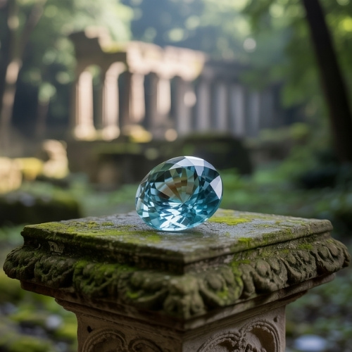A large, faceted aquamarine gemstone rests on a moss-covered stone pedestal in a lush, ancient ruin with columns. The scene feels serene and mystical.