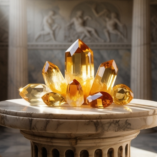A marble pedestal with glowing citrine crystals in a soft light, set against a classical ancient Greek stone backdrop.