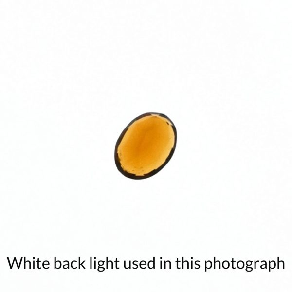 The mandarin orange citrine oval gem is being back-lit with a bright white light to show any inclusions within the gem more clearly.