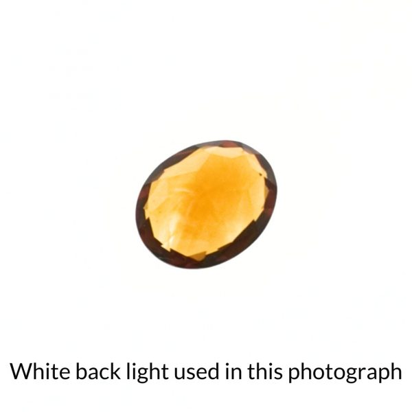 The orange citrine oval gem is being back-lit with a bright white light to show any inclusions within the gem more clearly.
