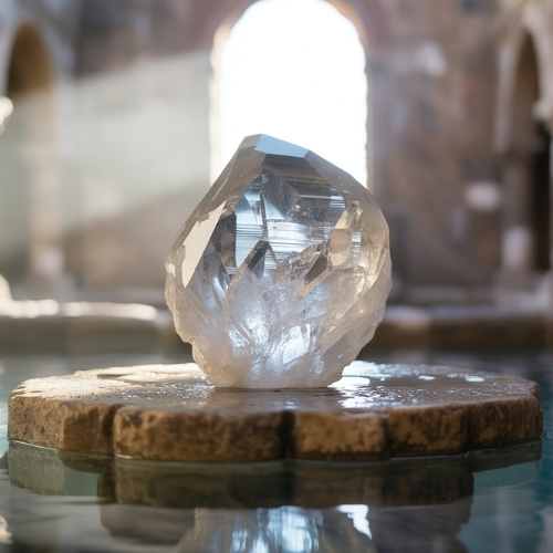 A clear quartz crystal rests on a stone platform surrounded by water, with sunlight illuminating it.