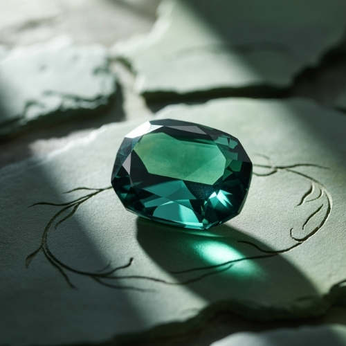 A deep green diopside gem on engraved stone, bathed in soft light.
