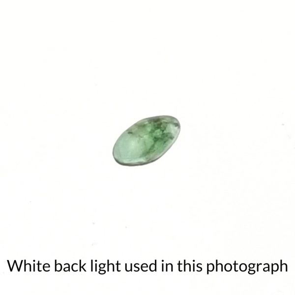 The green emerald marquise gem is being back-lit with a bright white light to show any inclusions within the gem more clearly.