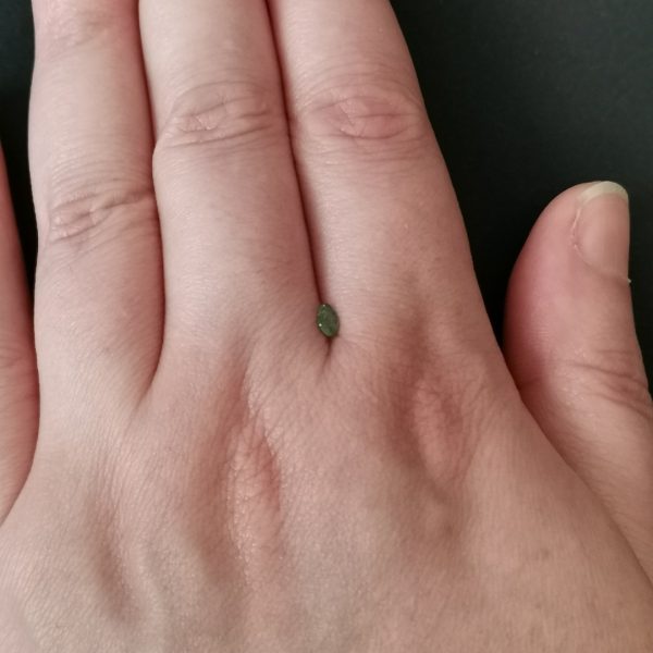 The emerald gemstone resting on a hand to give an idea of the gemstone size and colour.