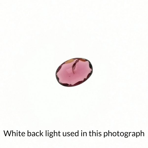 The pink garnet oval gem is being back-lit with a bright white light to show any inclusions within the gem more clearly.