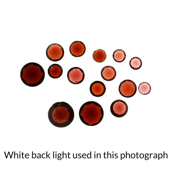 The round red garnet gems are being back-lit with a bright white light to show any inclusions within the gem more clearly.
