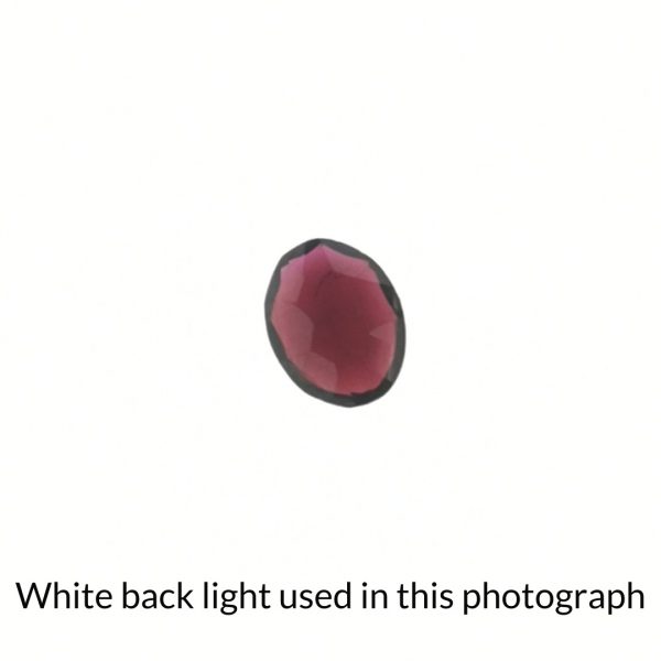 The red garnet oval gem is being back-lit with a bright white light to show any inclusions within the gem more clearly.