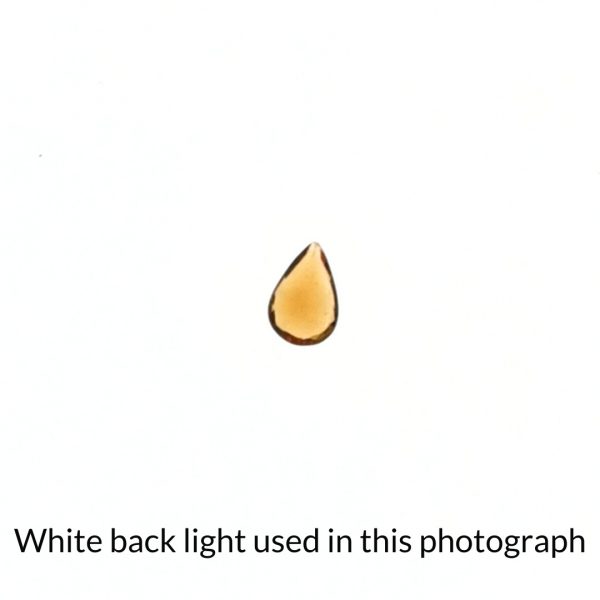The orange garnet teardrop gem is being back-lit with a bright white light to show any inclusions within the gem more clearly.