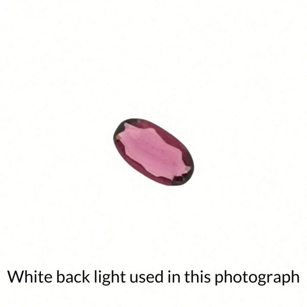 The pink garnet oval gem is being back-lit with a bright white light to show any inclusions within the gem more clearly.