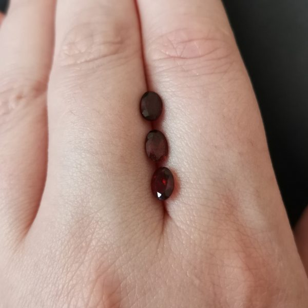 The red garnet gemstones resting on a hand to give an idea of the gemstone size and colour.
