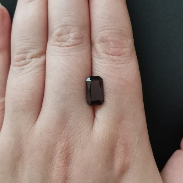 The red garnet gemstone resting on a hand to give an idea of the gemstone size and colour.