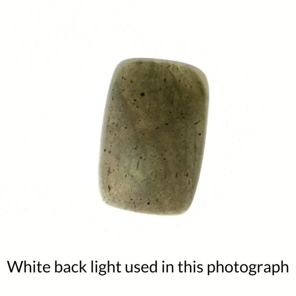 The rectangular labradorite gem is being back-lit with a bright white light to show any inclusions within the gem more clearly.