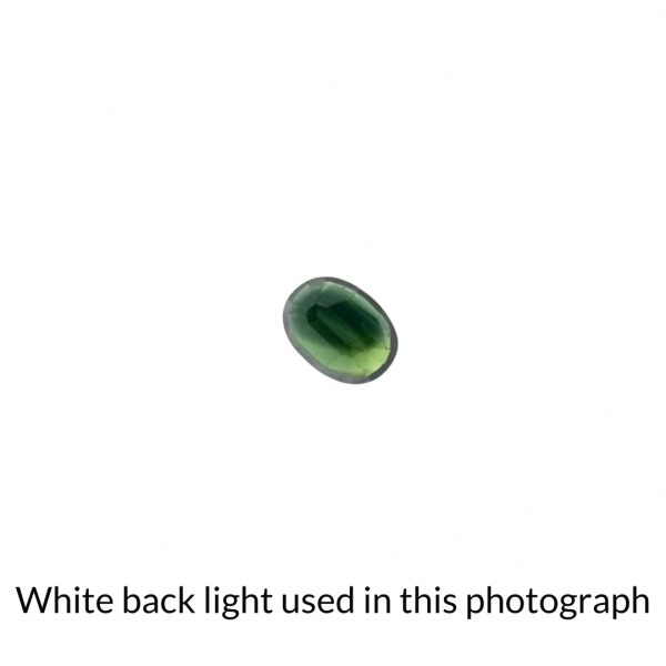 The green sapphire oval gem is being back-lit with a bright white light to show any inclusions within the gem more clearly.