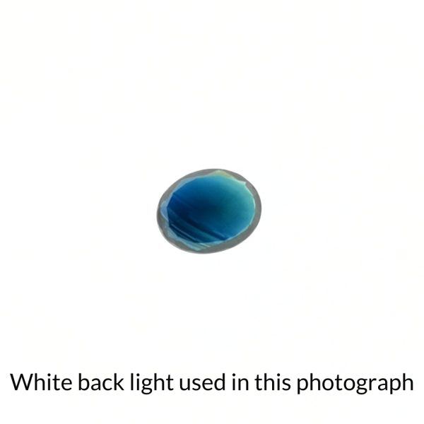 The blue sapphire oval gem is being back-lit with a bright white light to show any inclusions within the gem more clearly.