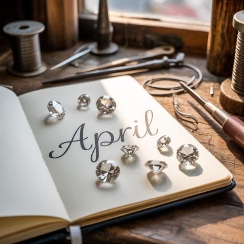 Open journal displaying the word "April" surrounded by sparkling diamonds on a rustic wooden desk. Sunlight streams in, creating a warm and nostalgic atmosphere.